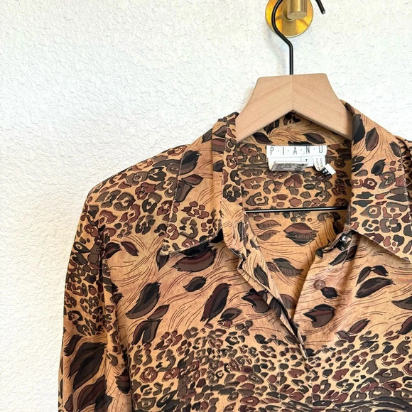 VTG Piano Women's Large 100% Silk Animal Print Leopard Button Down Shirt 70's - Picture 8 of 9